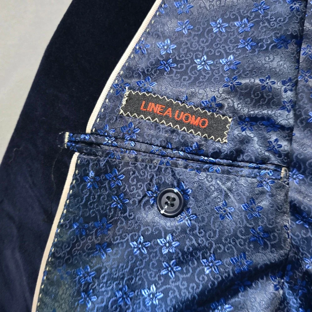 Linea Uomo Velvet Blazer Mens 46L Navy Blue Two Button Floral Lining Long Jacket